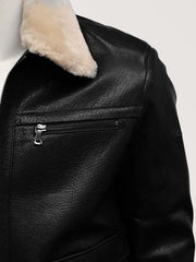 Aviator - Black | Galléros bőrkabát vastag borjúbőrből (fekete)