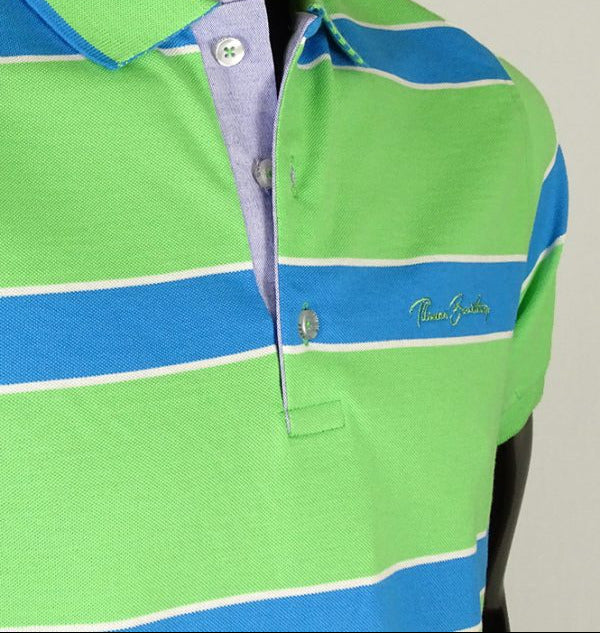 Men's striped collared short-sleeved cotton polo shirt - green