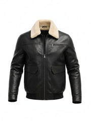 Aviator - Black | Galléros bőrkabát vastag borjúbőrből (fekete)