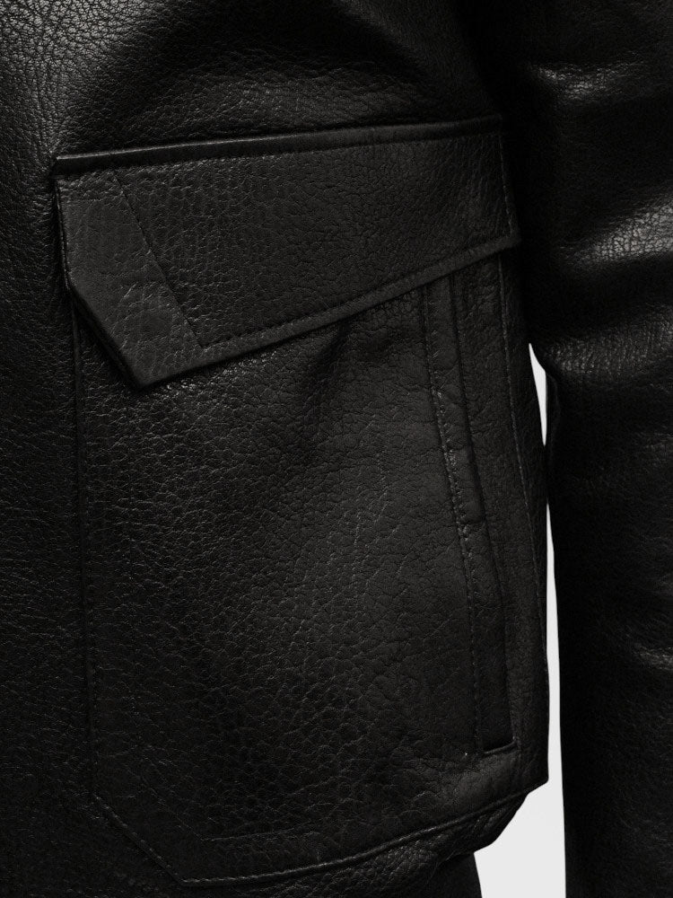 Aviator - Black | Galléros bőrkabát vastag borjúbőrből (fekete)