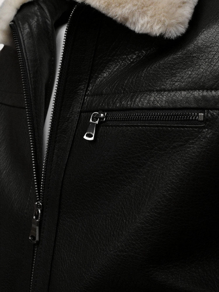 Aviator - Black | Galléros bőrkabát vastag borjúbőrből (fekete)