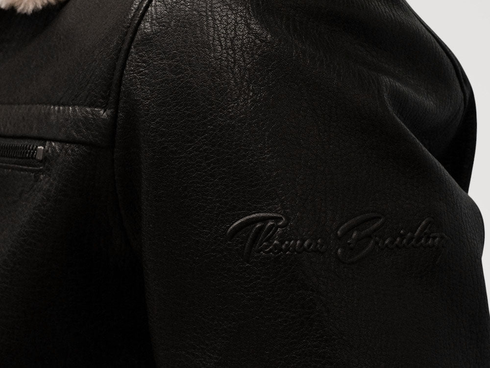 Aviator - Black | Galléros bőrkabát vastag borjúbőrből (fekete)