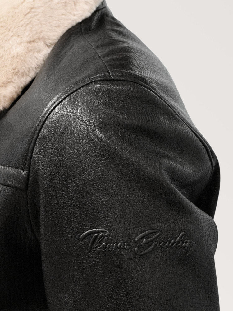 Aviator - Black | Galléros bőrkabát vastag borjúbőrből (fekete)